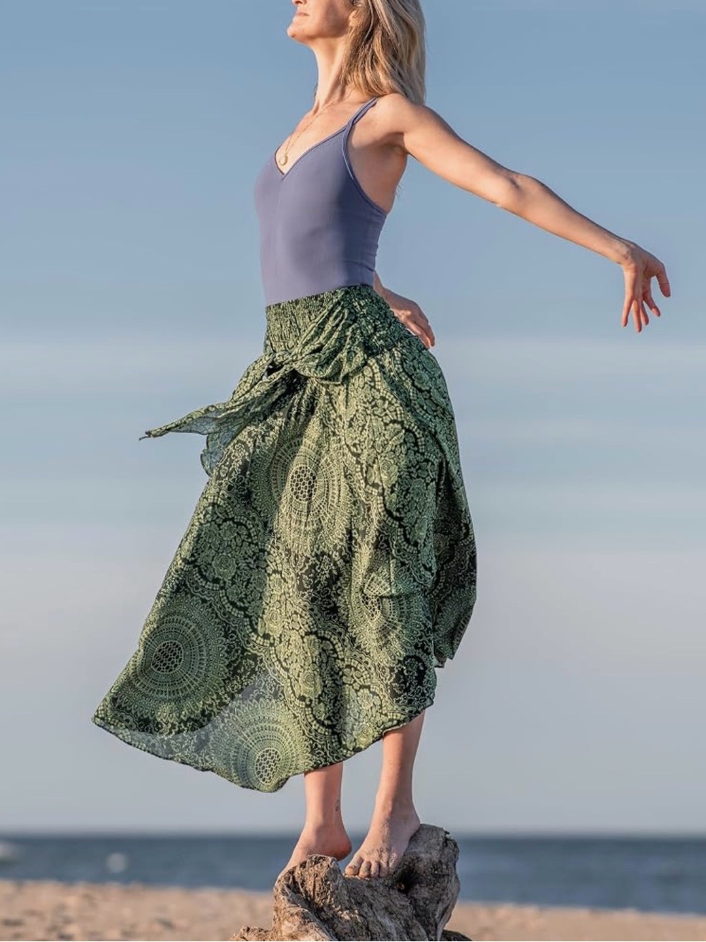 Boho Tie-Waist Green Printed Maxi Skirt